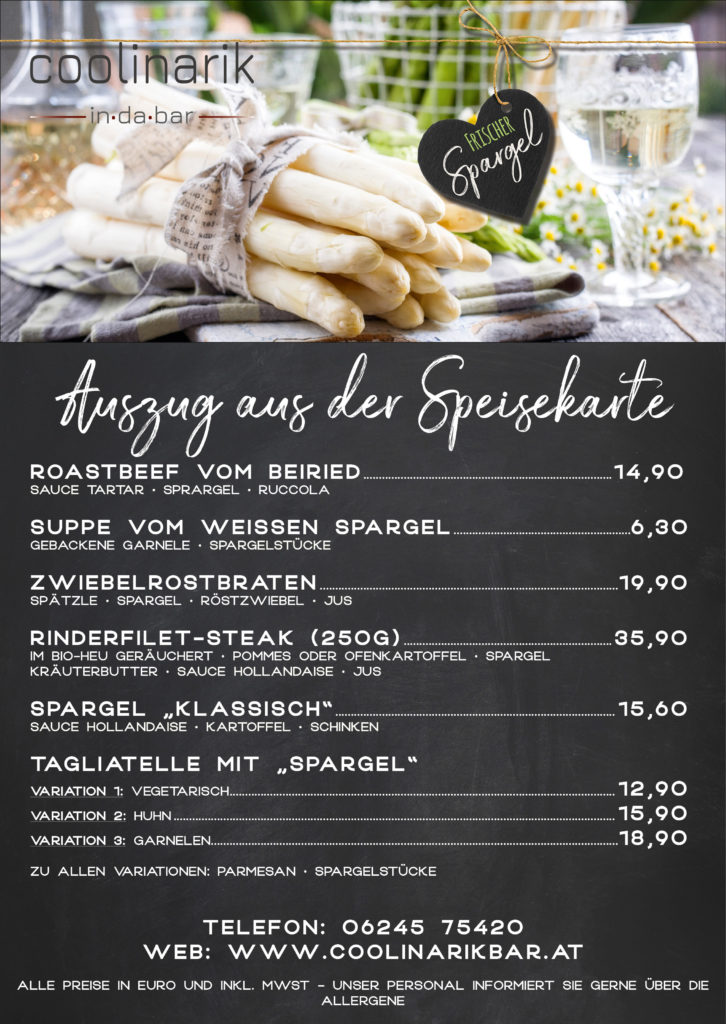 Platkat "Spargelsaison" Coolinarik in da Bar - Hallein